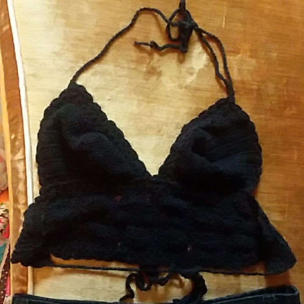Black crochet crop halter bralette